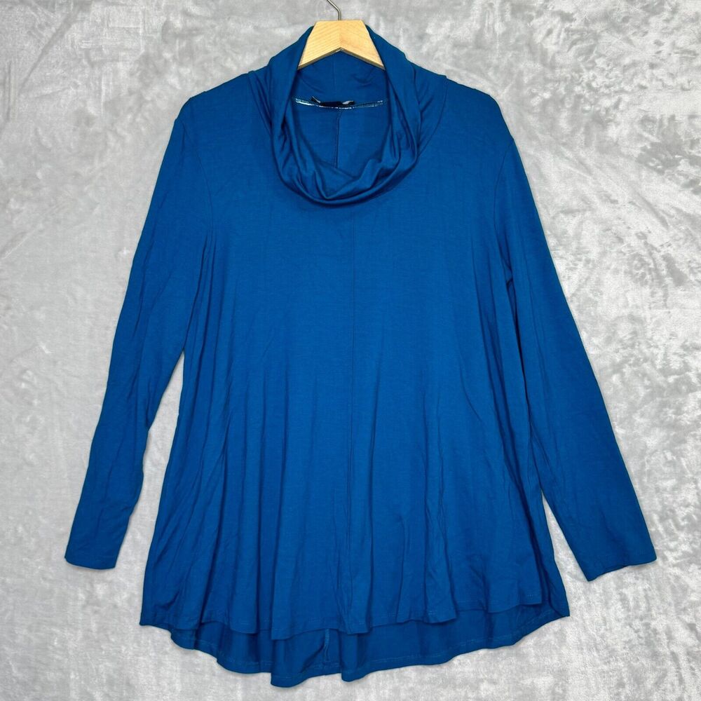 Soft Works Top Womens XL Blue Cowl Neck Long Sleeve A line Knit Stretch Artsy